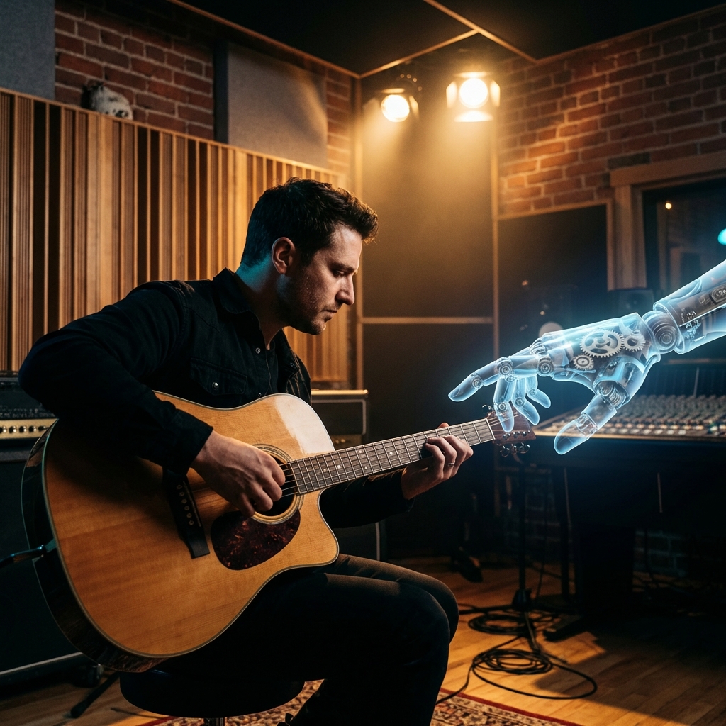 A professional musician playing a guitar in a studio, contrasted with a transparent robotic hand trying to touch the instrument, artistic and modern atmosphere, high contrast, 1:1, no text