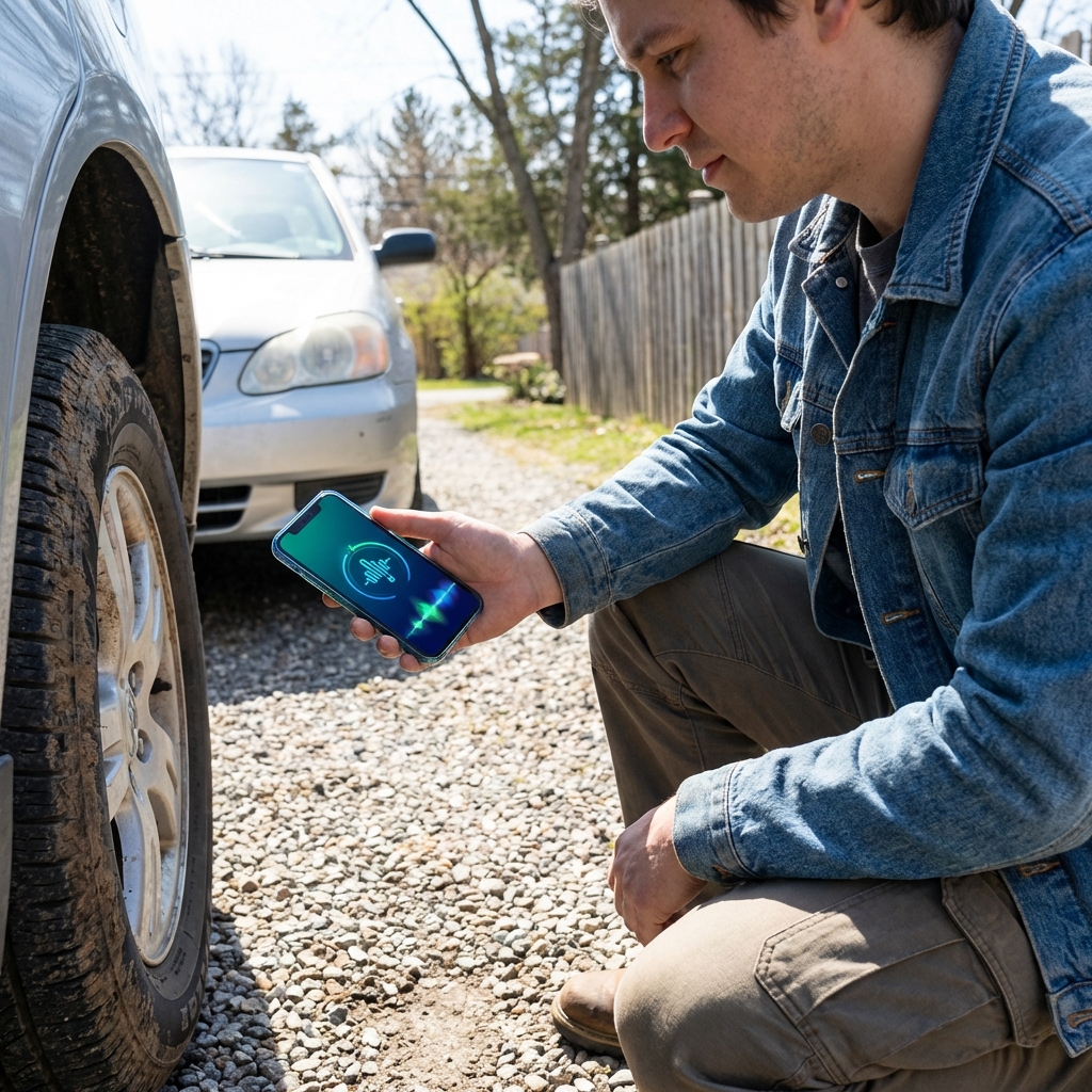 A person standing next to a car tire looking at a smartphone screen with an AI assistant interface, realistic lifestyle photography, bright daylight, 1:1 aspect ratio, no text