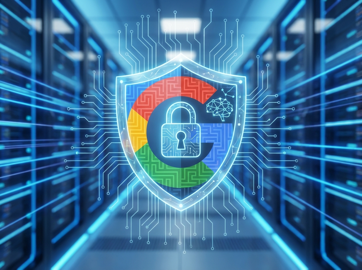 A glowing digital shield icon integrated with a Google logo style, clean tech background with soft blue lighting, symbolic of data privacy and AI security, 4:3 aspect ratio, no text