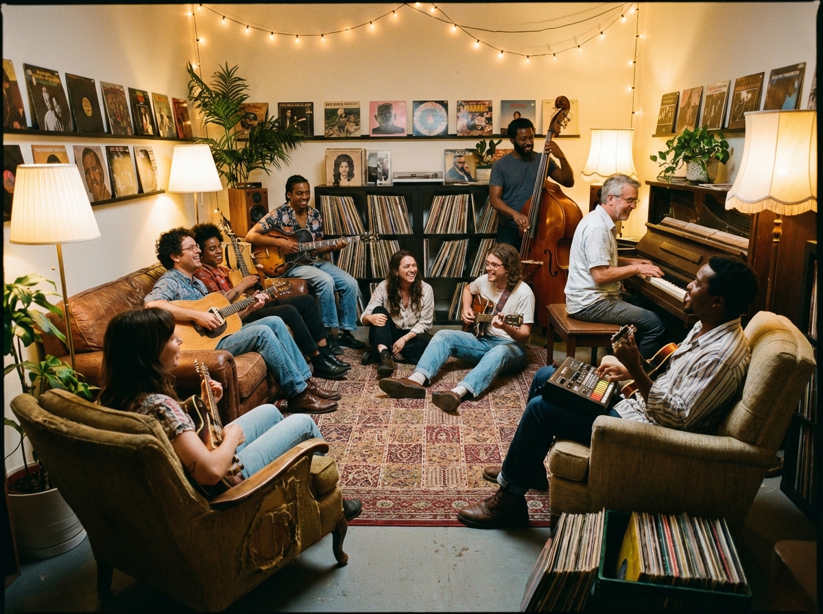 A group of diverse musicians sitting in a cozy lounge with vinyl records and instruments, warm lighting, lifestyle photography, 4:3, no text