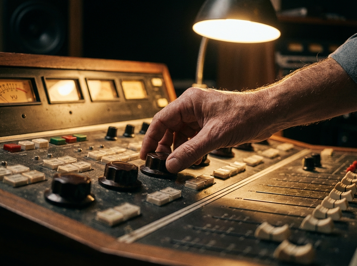 Close up of a person's hand adjusting a knob on a professional studio mixing console, detailed composition, cinematic lighting, 4:3, no text
