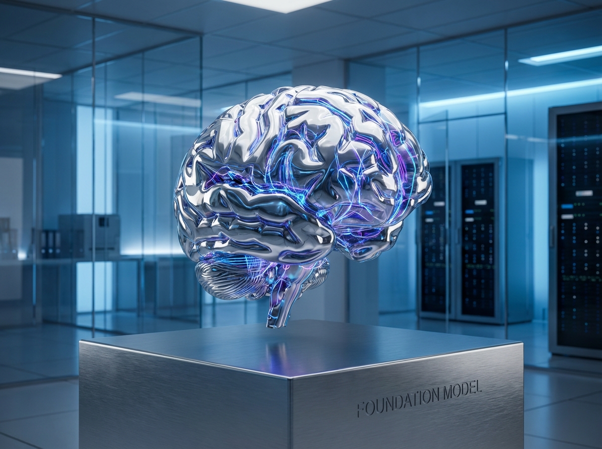 A futuristic robotic brain with glowing neural networks, symbolizing advanced artificial intelligence and foundation models, sleek modern laboratory background, cinematic lighting, aspect ratio 4:3, no text