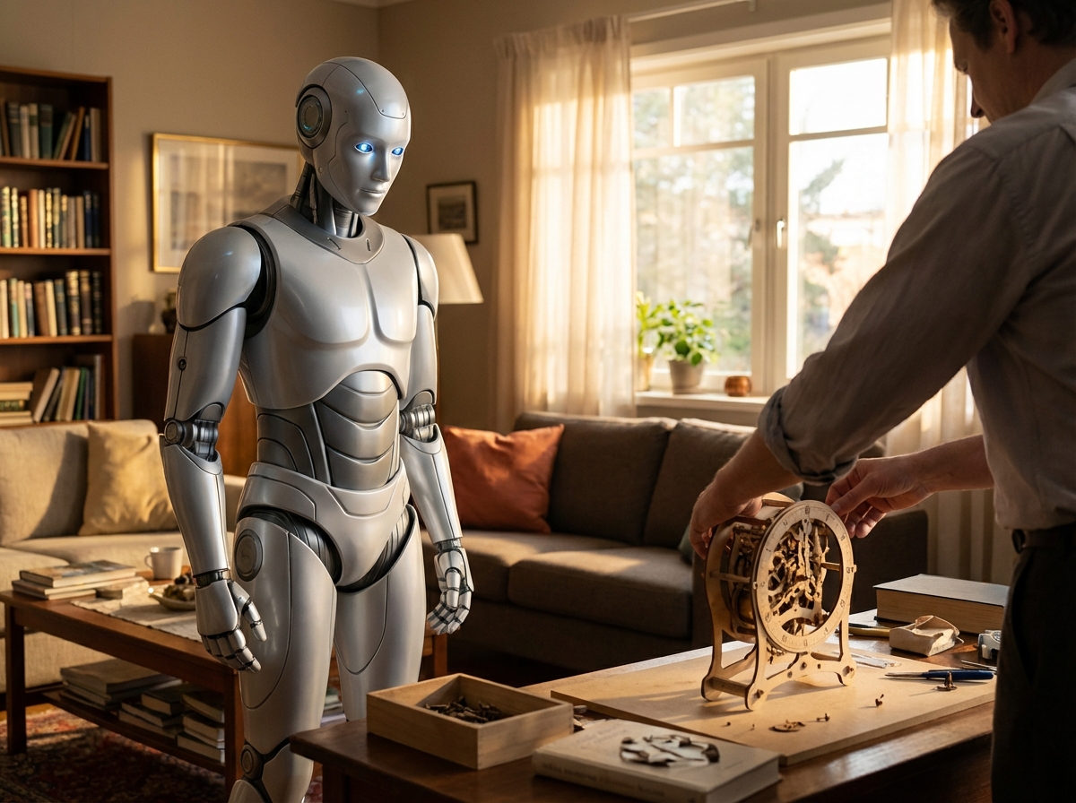 A sleek humanoid robot observing a human performing a complex manual task in a domestic setting, warm natural lighting, high-quality photography style, aspect ratio 4:3, no text