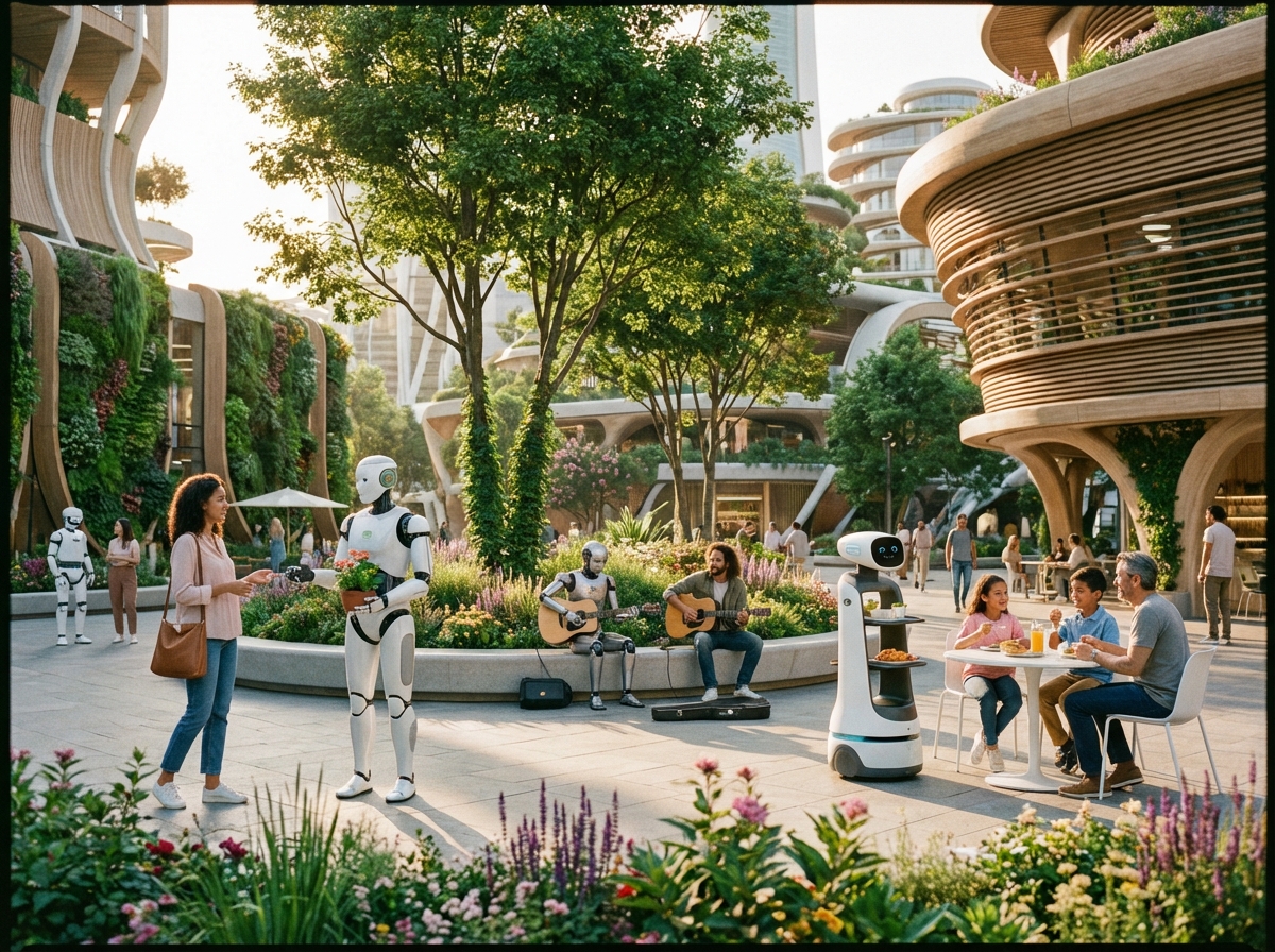 A positive future city scene where humans and robots interact naturally in a public square, modern architecture, lush greenery, realistic lighting, detailed composition, aspect ratio 4:3, no text
