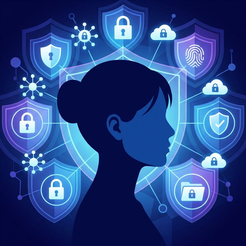 A symbolic digital illustration of a woman's silhouette surrounded by protective glowing shields and data privacy icons, clean infographic style, modern layout, high contrast, 1:1, no visible text
