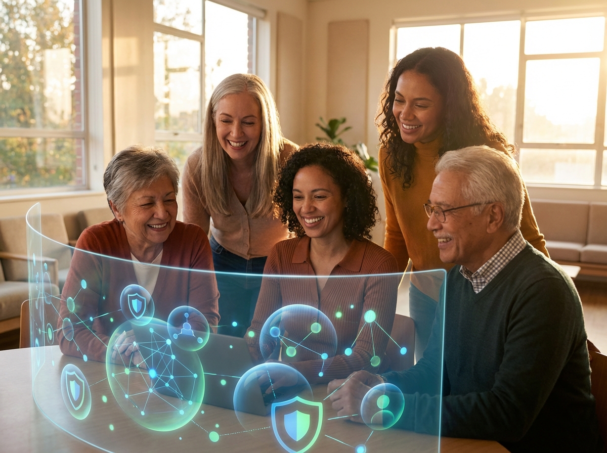 A bright and balanced composition of a diverse group of people looking at a clean digital interface that visualizes safety and security, warm lighting, natural expressions, 4:3, no visible text