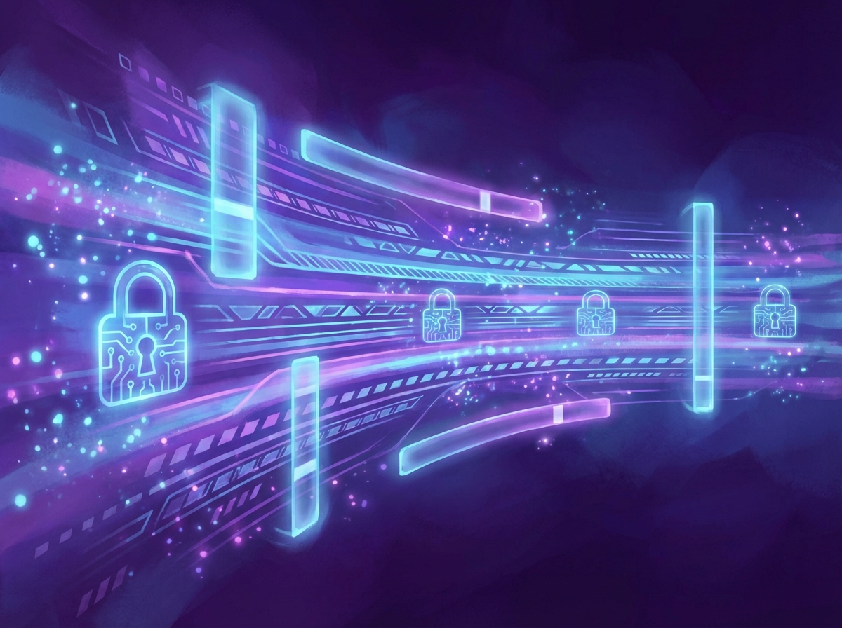 A concept art showing digital locks and scanning lines over a stream of abstract data, representing content moderation and security filters, blue and purple tones, 4:3 aspect ratio, no text.
