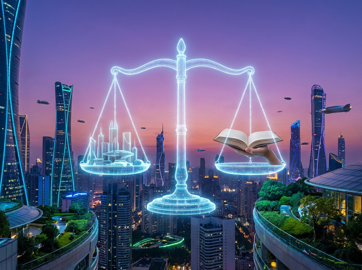 A futuristic cityscape with a glowing balance scale hologram in the center, symbolizing the harmony between innovation and ethics, twilight background, 4:3 aspect ratio, no text.