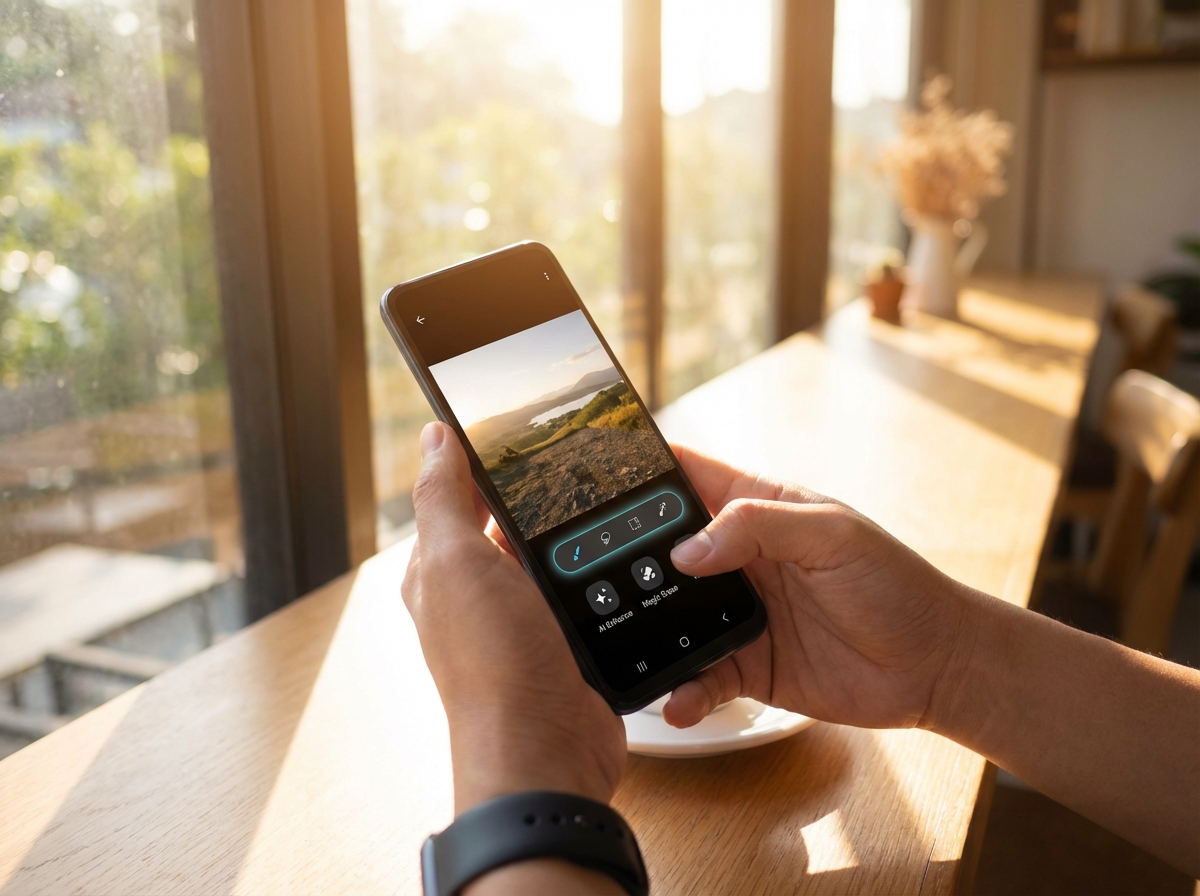 A person holding a smartphone showing a photo editing app with AI features, bright natural lighting, 4:3, no text