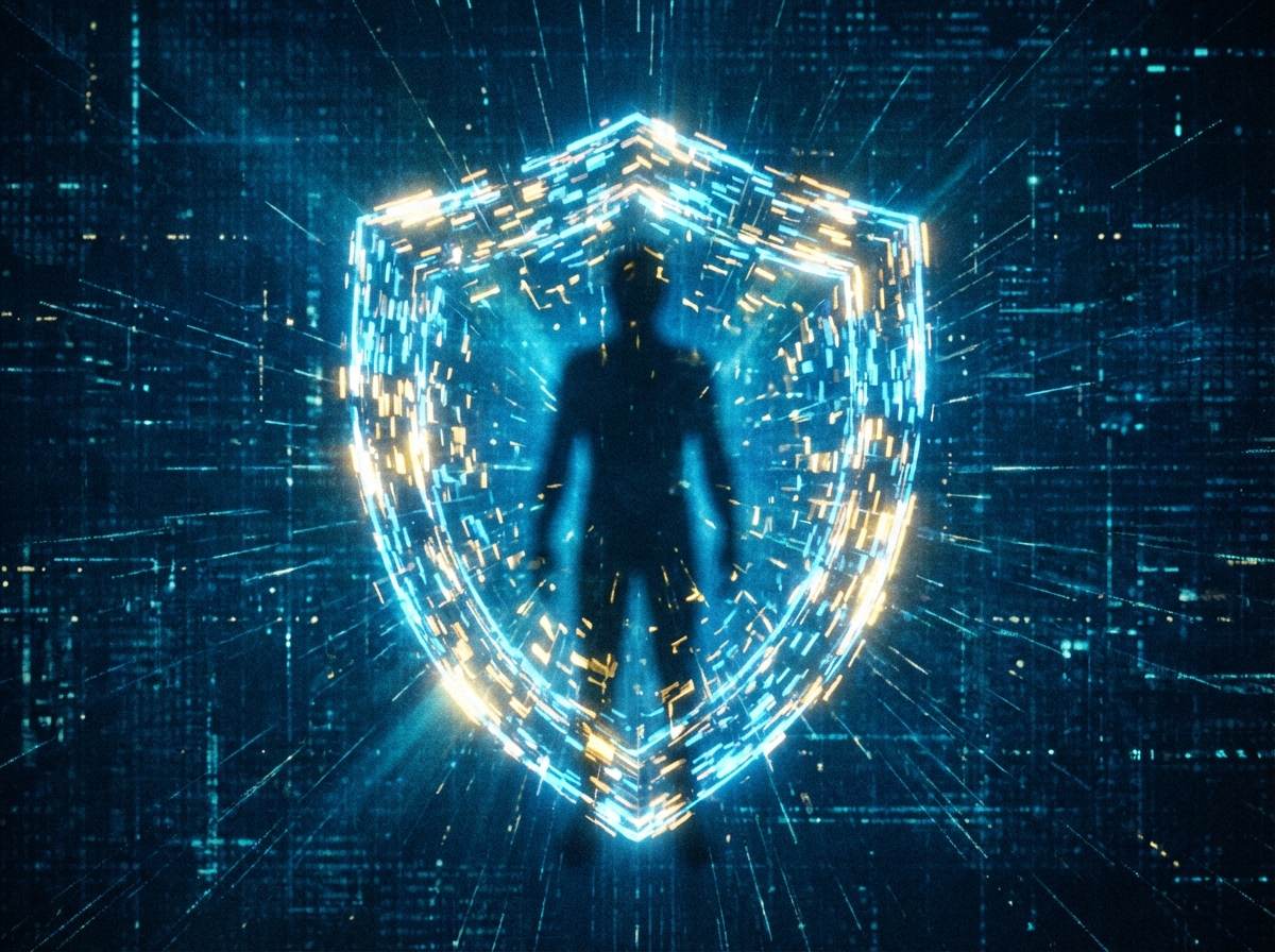A protective digital shield glowing over a silhouette of a person, dark blue textured background, 4:3, no text