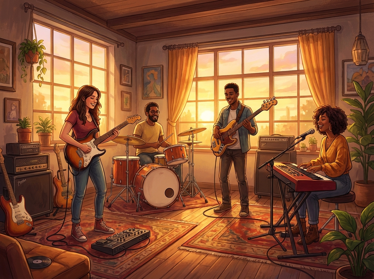 A high-quality digital illustration of a diverse group of human musicians playing physical instruments like guitars and drums in a cozy indie music studio, with a vibrant and warm atmosphere, sunset lighting through windows, 4:3 aspect ratio, no text.
