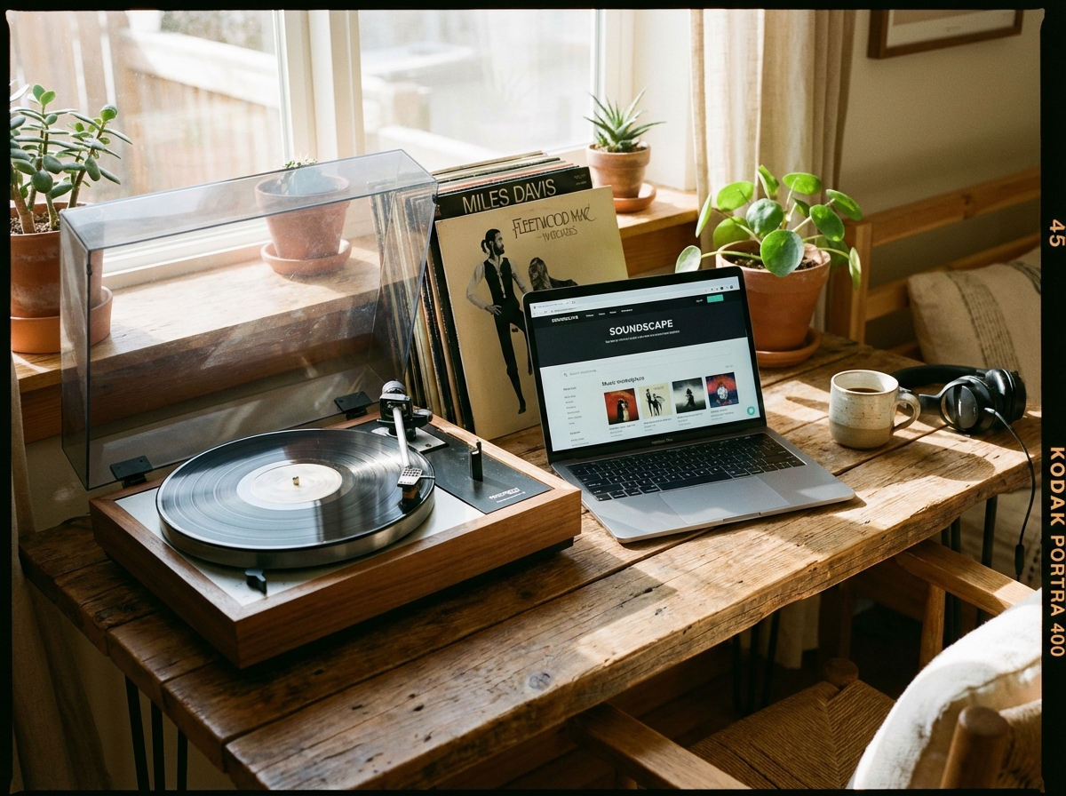 A lifestyle photography shot of a wooden desk with a vintage turntable, vinyl records, and a laptop showing a music marketplace website, warm indoor lighting, natural setting, 4:3 aspect ratio, no text.