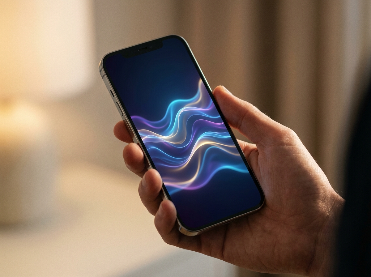 A modern smartphone held in a hand, showing a glowing AI assistant interface with abstract wave patterns, clean and elegant design, soft indoor lighting, professional photography style, 4:3 aspect ratio, no text.