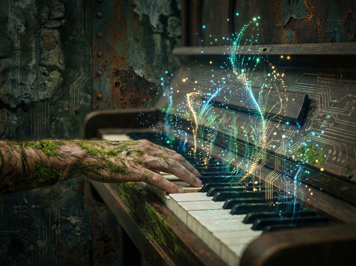 An artistic rendering showing a human hand playing a piano with glowing digital particles rising from the keys, blending organic and tech elements, dark textured background, 4:3 aspect ratio, no text.