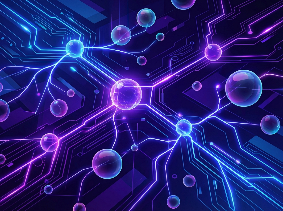 Abstract digital representation of neural networks connecting various trending keyword bubbles, high contrast, vibrant blue and purple tones, modern tech aesthetic, 4:3 aspect ratio, no text