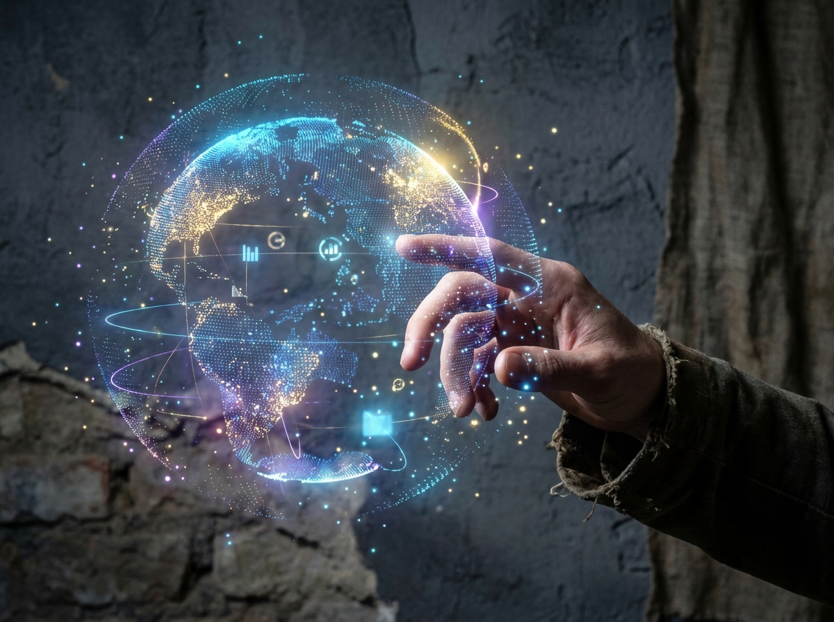 A person's hand interacting with a holographic display of global search trends, glowing light particles, artistic rendering, textured dark background, 4:3 aspect ratio, no text