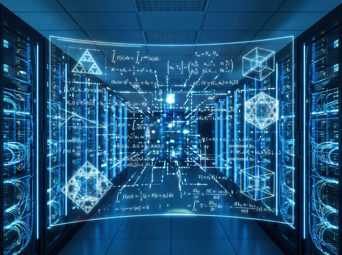 A futuristic AI processing complex mathematical formulas and geometric shapes on a digital interface, glowing blue and white lights, 4:3 aspect ratio, high detail, no text