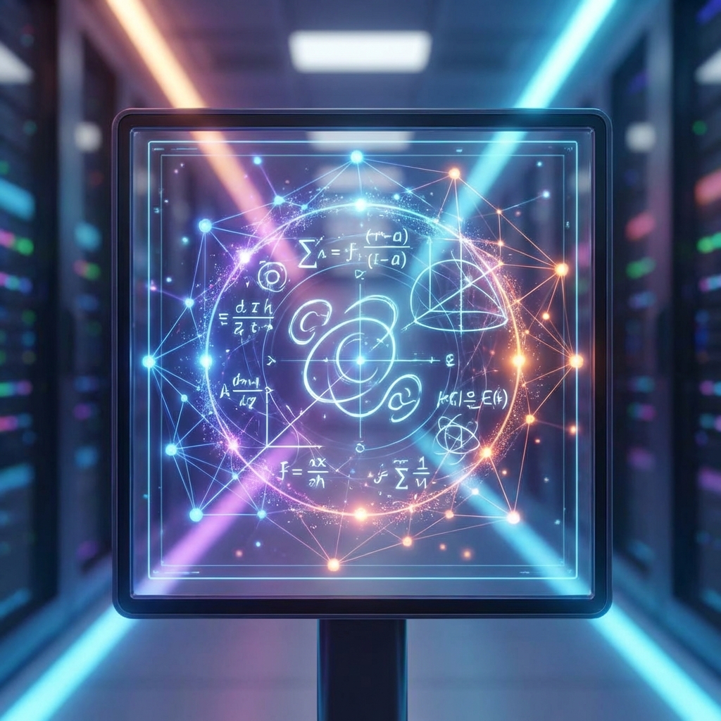 A digital screen showing complex mathematical proofs integrated with a neural network background, modern aesthetic, vibrant lighting, 1:1 aspect ratio, no text