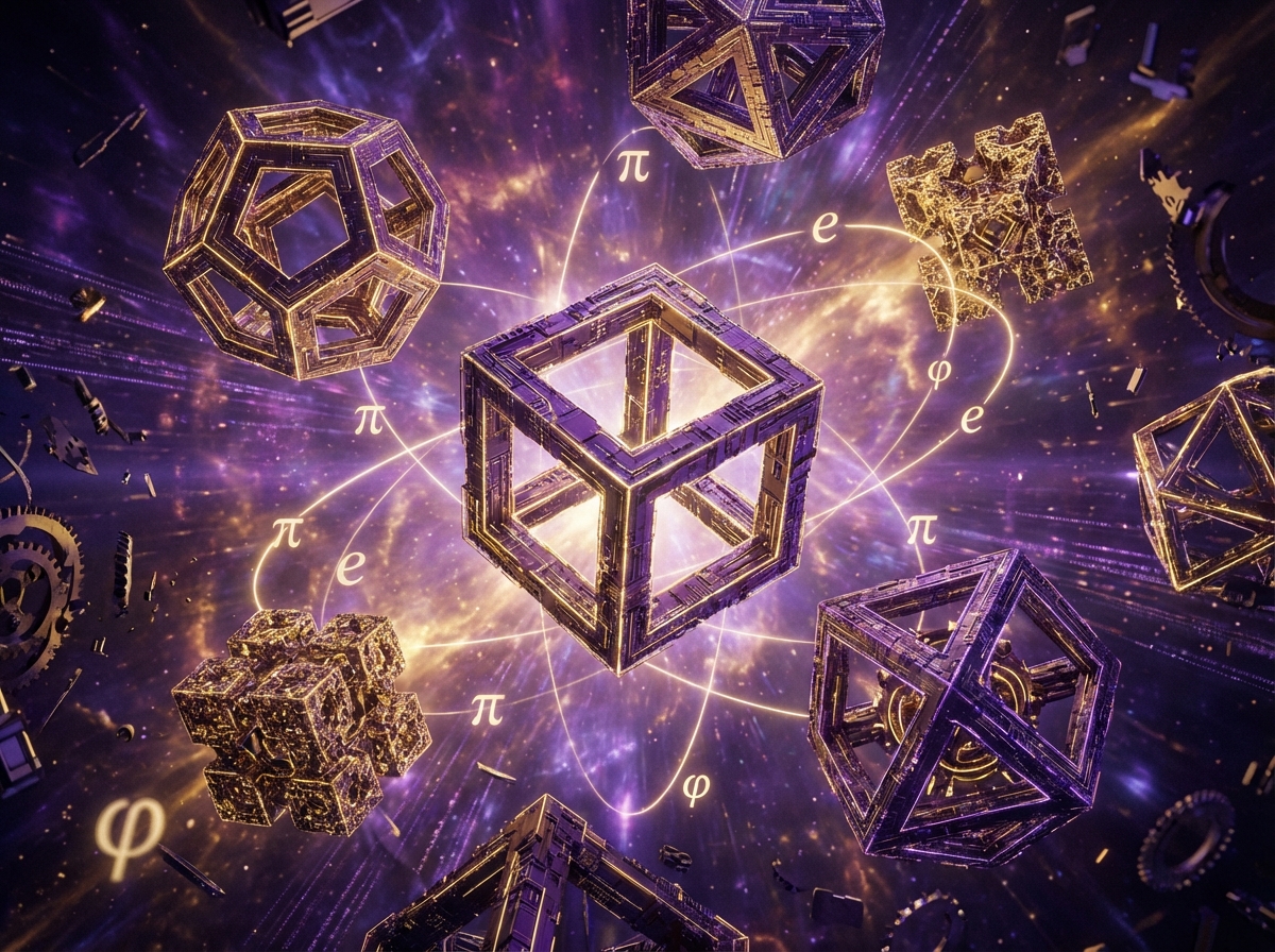 An abstract representation of mathematical constants and 3D geometric structures floating in a cybernetic space, deep purple and gold colors, 4:3 aspect ratio, visually rich, no text