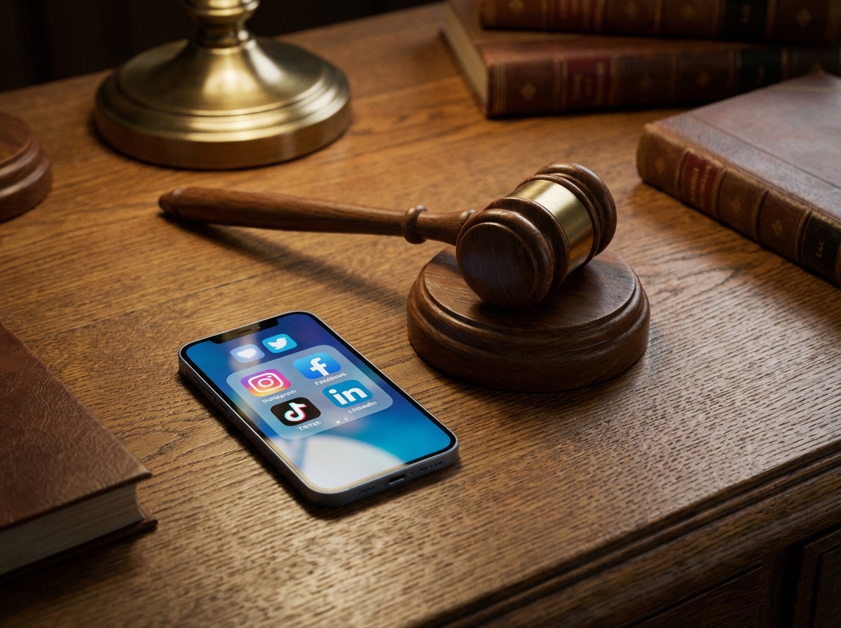 A realistic wooden judge gavel resting on a desk next to a smartphone displaying social media icons, professional studio lighting, soft shadows, 4:3, no text