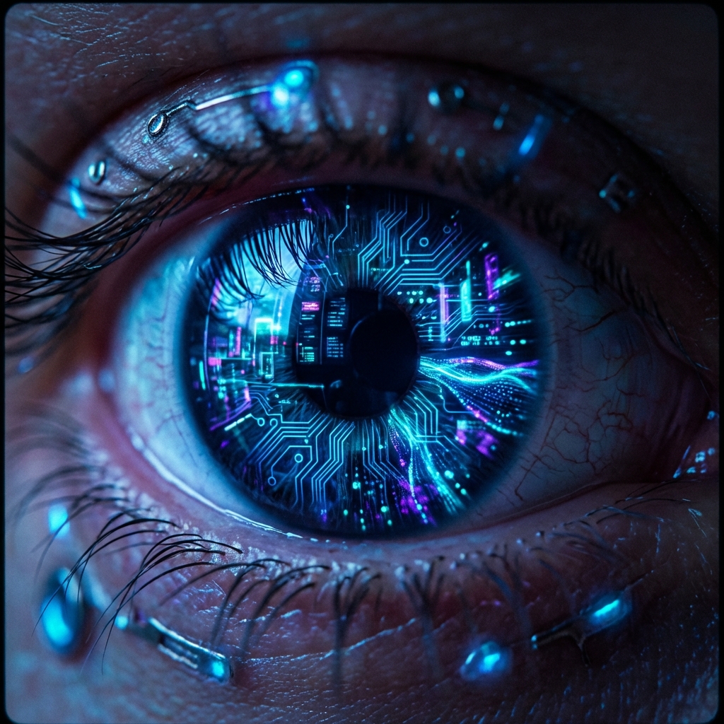 A futuristic human eye with digital data streams and circuits reflected in the iris, glowing blue tones, cinematic composition, high detail, 1:1, no text