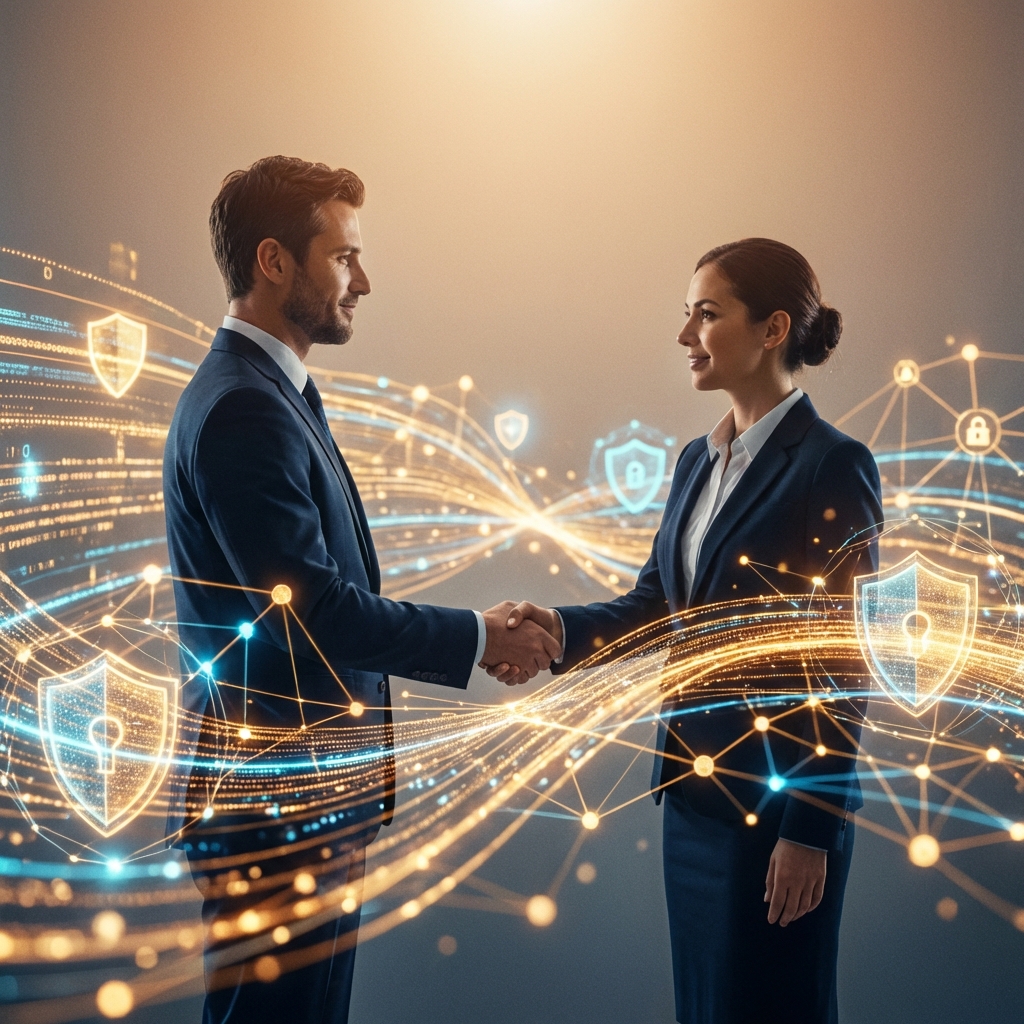 Two people shaking hands in a modern digital background symbolizing cooperation and safety, warm lighting, professional atmosphere, 1:1, no text
