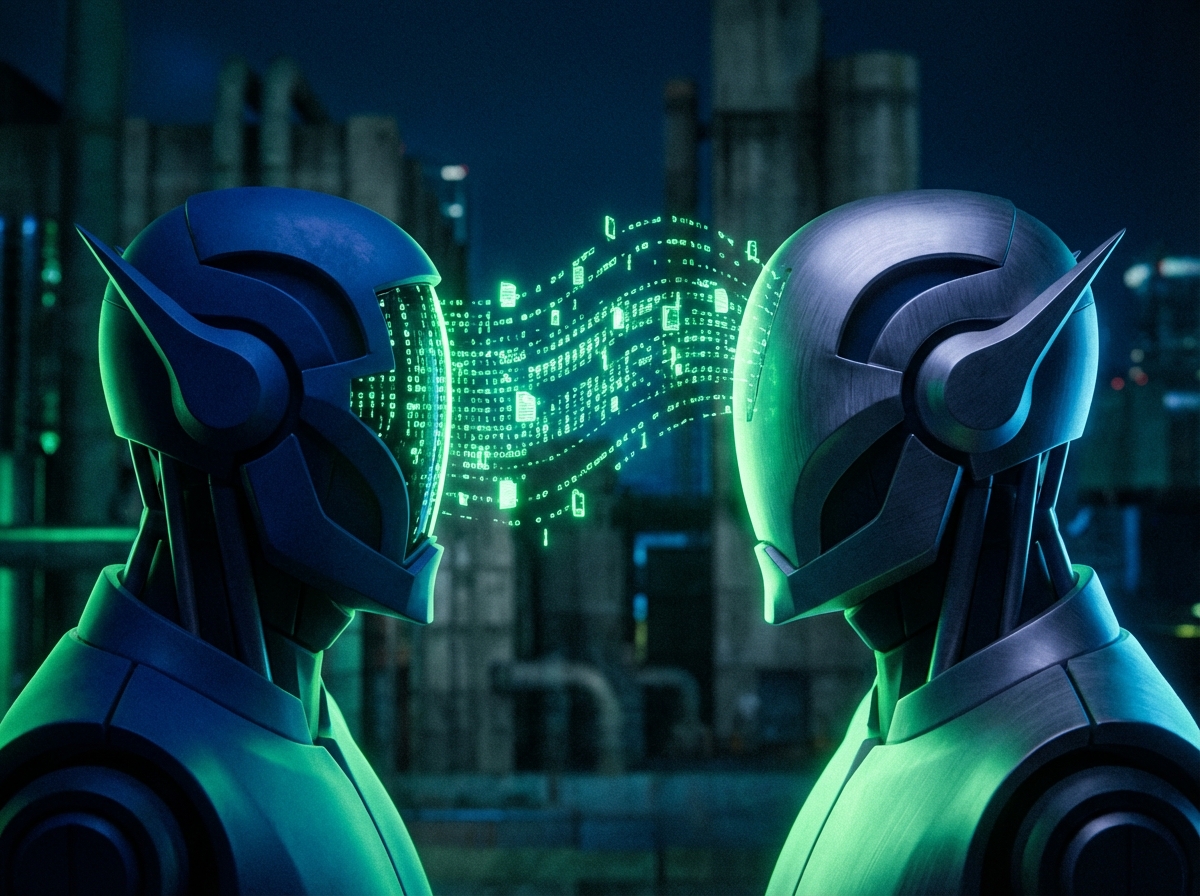 Two stylized robot heads facing each other with digital code leaking from the connection, dark blue and neon green lighting, cinematic composition, 4:3 aspect ratio, no text