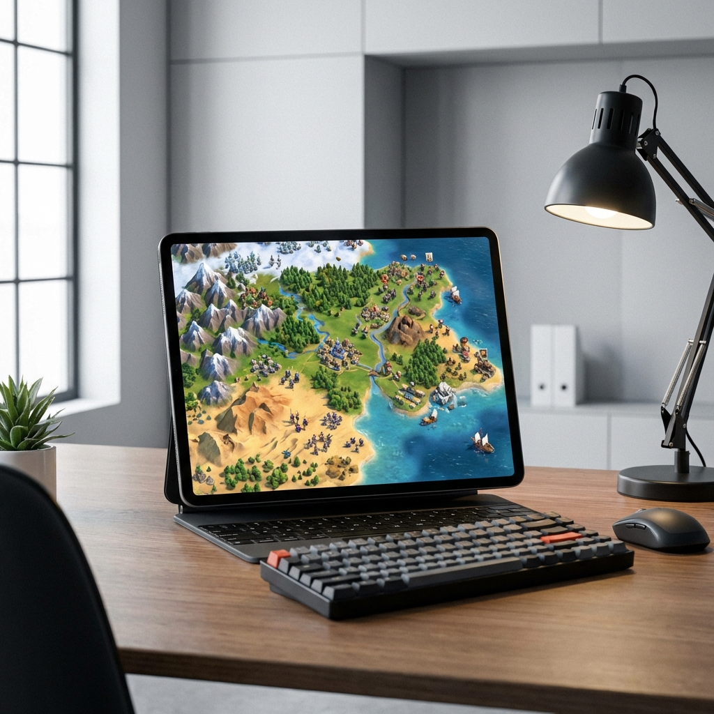 An iPad Pro on a modern office desk displaying a vibrant 3D world map of a strategy game with diverse terrains and small army units. Professional lighting, minimalist room background, 1:1 aspect ratio, no text.