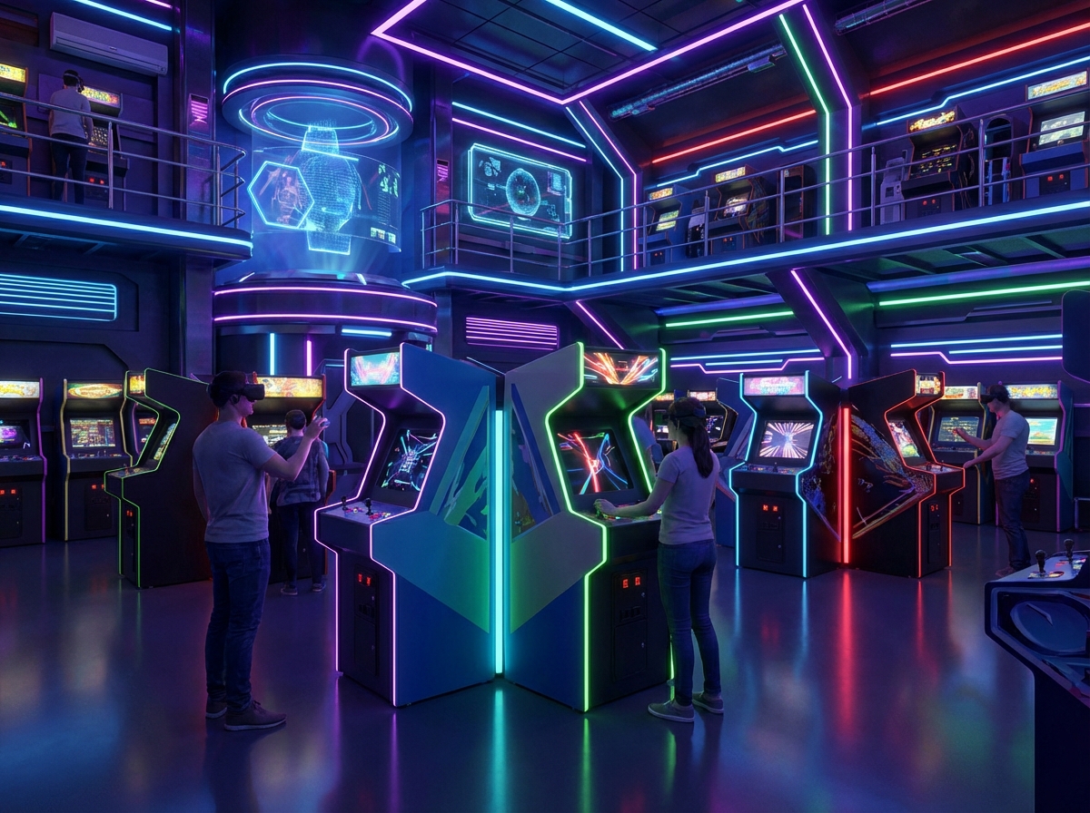 A 3D virtual reality arcade space featuring glowing classic arcade cabinets. Neon lights, retro-futuristic atmosphere, immersive environment, 4:3 aspect ratio, no text.