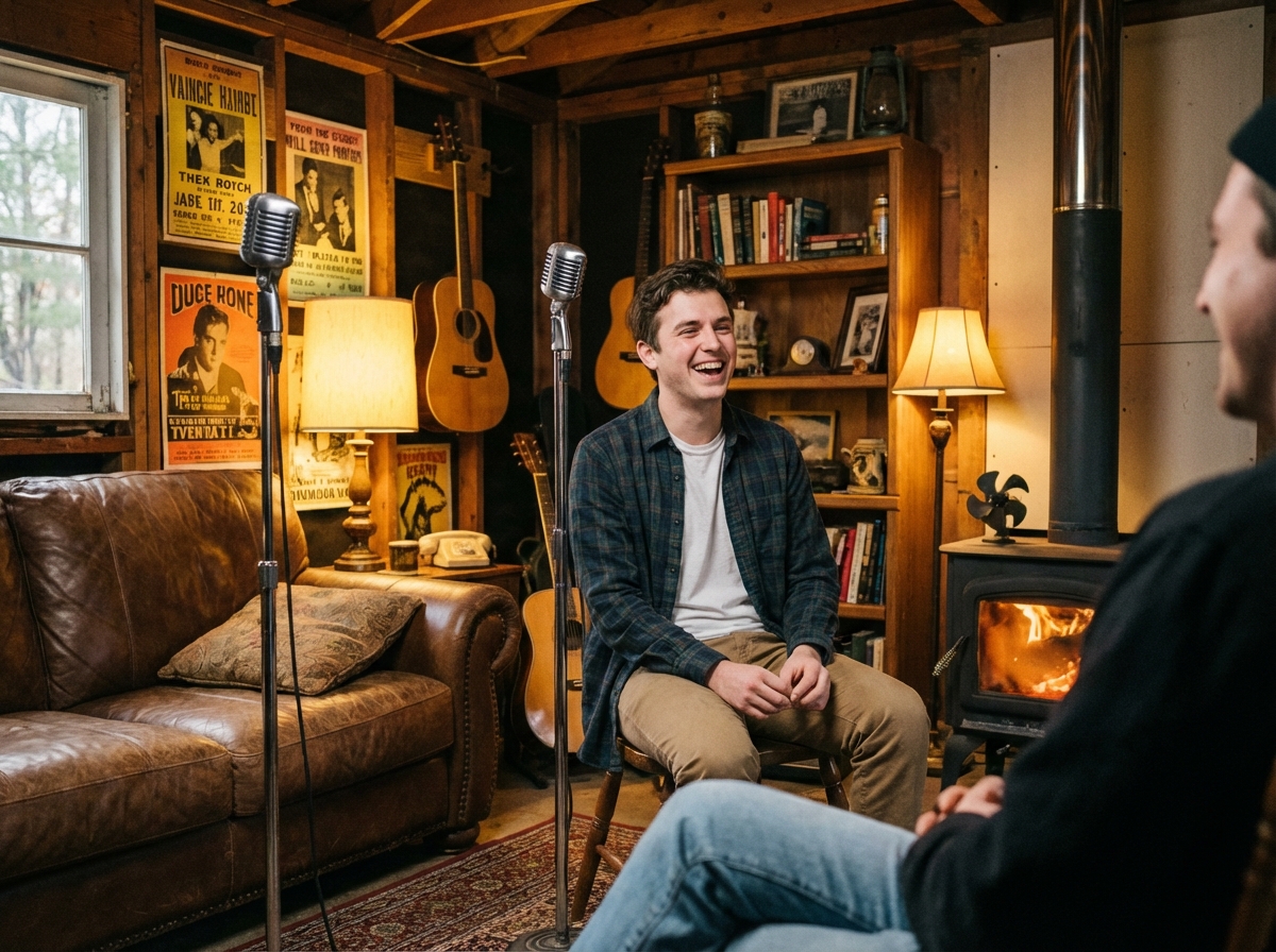 A relaxed and candid lifestyle photograph of a young comedian having a conversation in a cozy, well-lit garage setting with vintage decor and studio microphones. Warm ambient lighting, natural expressions, 4:3 aspect ratio, no text.