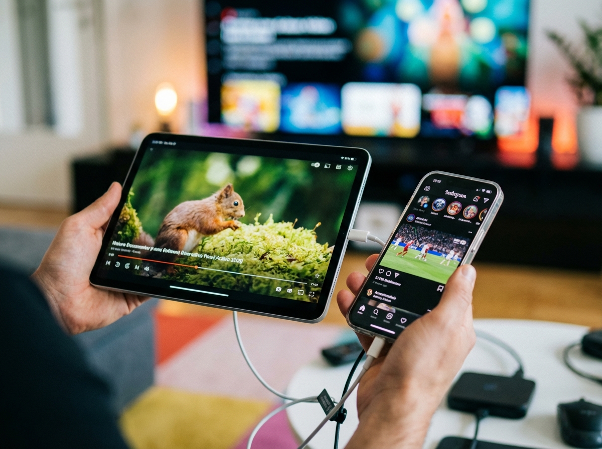 Close-up lifestyle photography of a person using a tablet and a smartphone to watch high-quality video content. Modern devices, blurred colorful background, high-tech feel, 4:3 aspect ratio, no text.