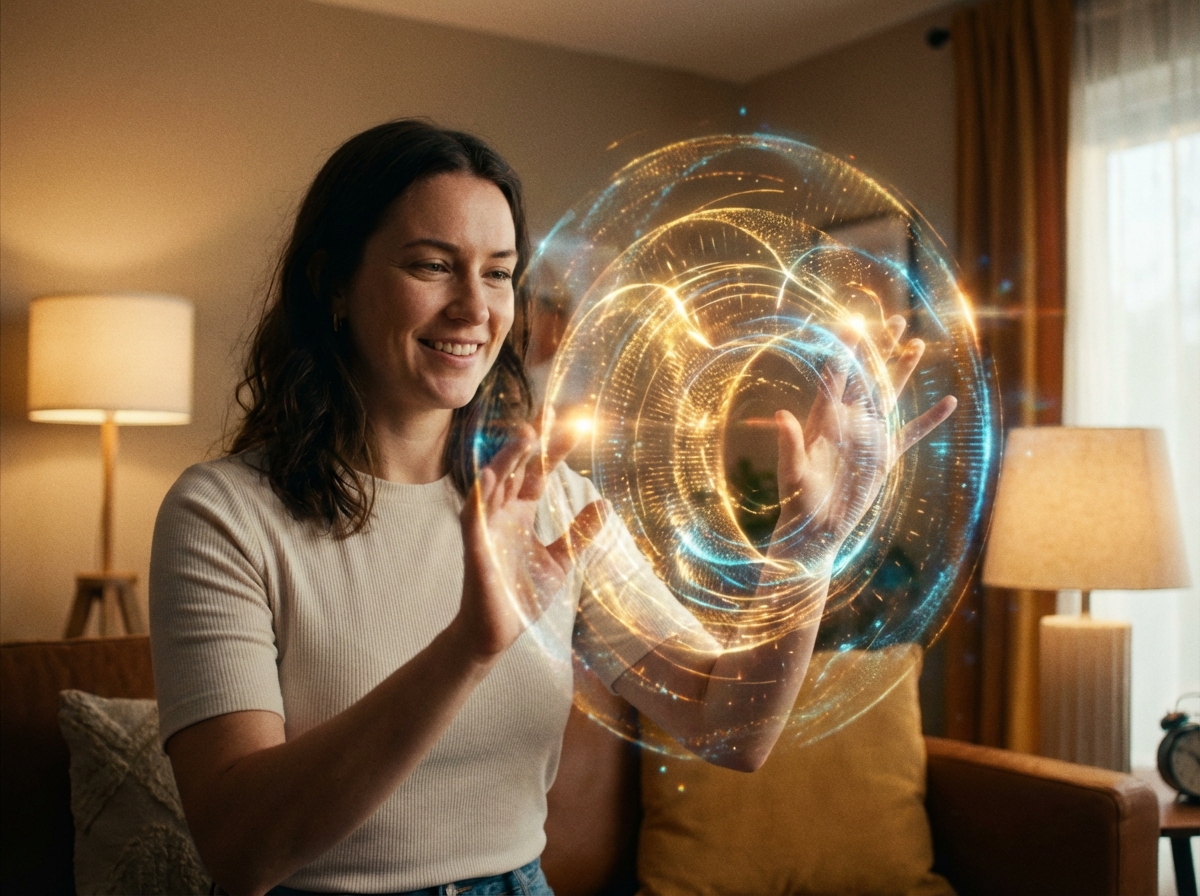 A person interacting with a holographic AI interface, glowing light patterns, seamless communication theme, warm indoor lighting, 4:3, no visible text