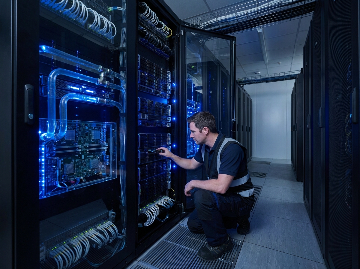 Professional engineer in a modern server room, glowing blue lights, futuristic technology hardware, detailed environment, 4:3, no visible text