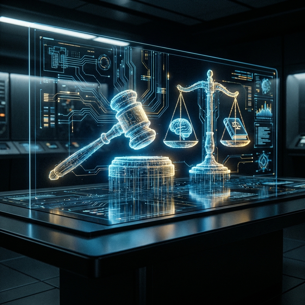 A modern AI interface display showing a digital gavel and scales of justice, representing AI ethics and legal regulation, high contrast, cinematic lighting, 1:1, no visible text