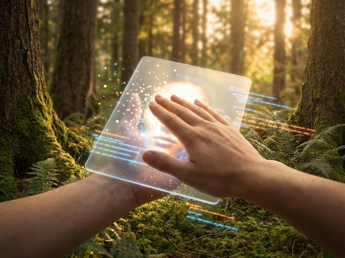 A symbolic representation of digital privacy, a human hand shielding a digital portrait from pixelated interference and glowing code, warm lighting, natural setting, 4:3, no visible text