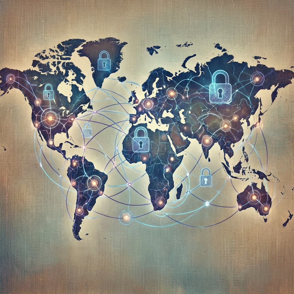 A global map with digital locks and glowing network nodes, representing worldwide AI regulation and internet safety, artistic rendering, textured background, 1:1, no visible text