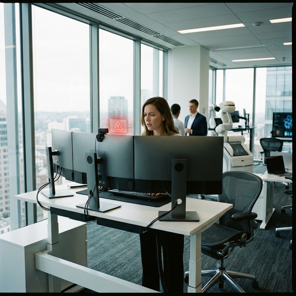 A professional person looking at a computer screen with a subtle red warning icon, high-tech office environment, modern workstation, 1:1 aspect ratio, no visible text