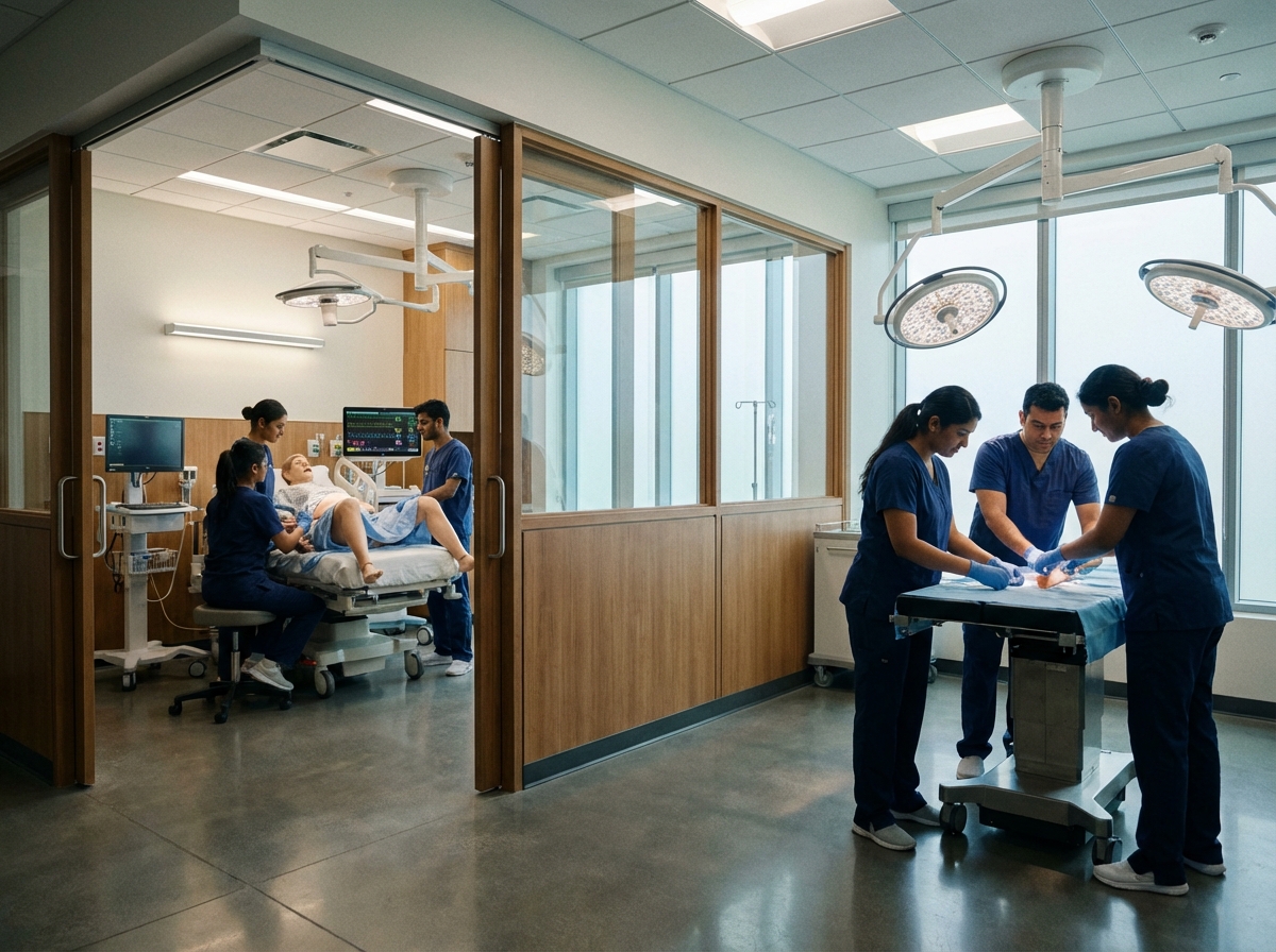 A modern medical training facility with diverse Indian students practicing nursing and clinical skills using advanced medical mannequins, bright professional lighting, clean interior design, cinematic shot, 4:3, no text