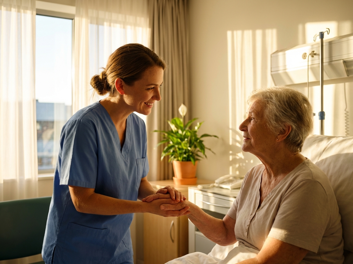 A compassionate nurse holding the hand of an elderly patient in a modern hospital room, warm sunlight streaming through the window, high contrast, lifestyle photography, natural and emotional atmosphere, 4:3, no text