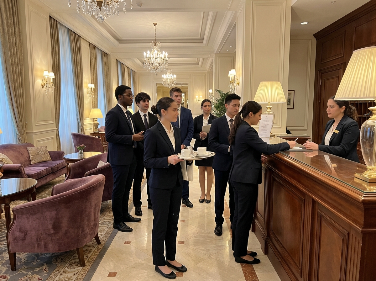 Students in professional attire learning guest relations and food service in a luxury hotel lobby setting, high-end interior, soft lighting, professional and realistic, 4:3, no text