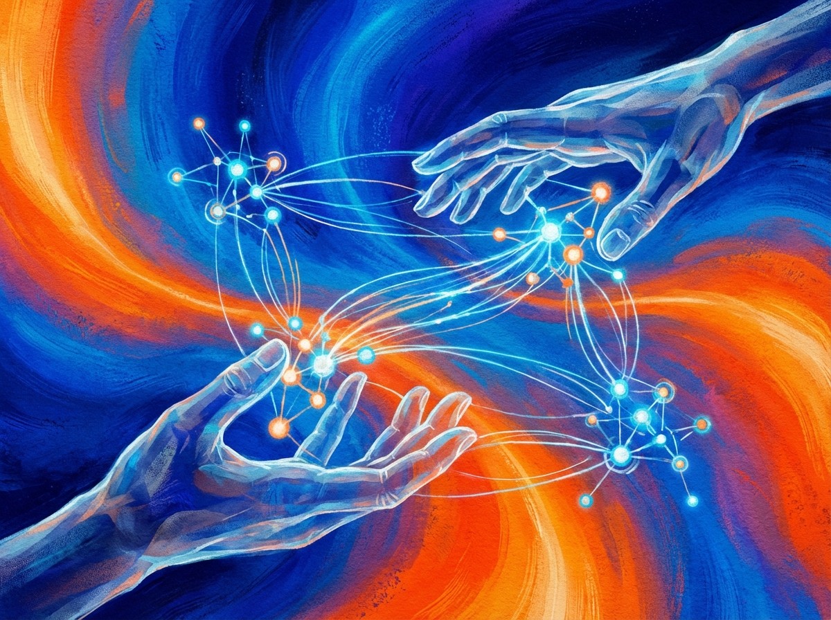Artistic conceptual illustration of human hands and digital nodes connecting together, vibrant blue and orange gradient background, modern and visionary style, textured surface, 4:3, no text