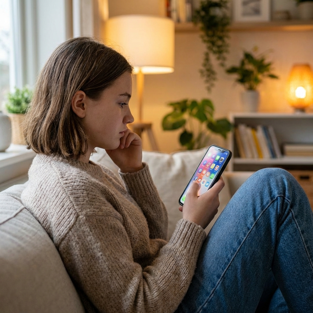 A person looking thoughtfully at a smartphone screen displaying various social media app icons, soft indoor lighting, modern lifestyle photography, 1:1 aspect ratio, no text