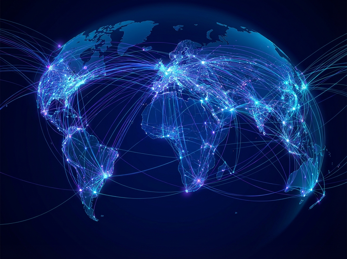 A complex global network of glowing lines and nodes representing social media connections, dark blue background with high contrast, modern infographic style, 4:3 aspect ratio, no text