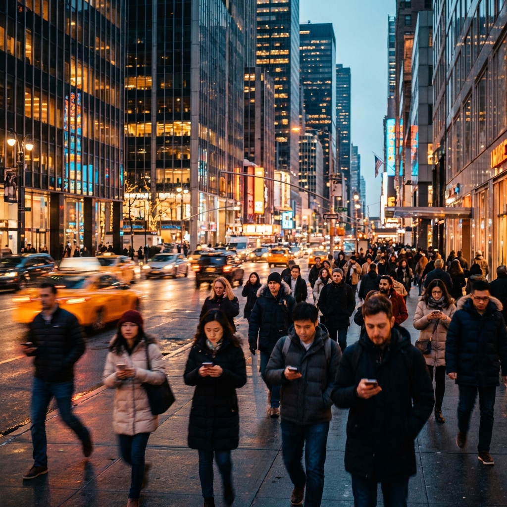 People walking through a busy modern city while looking at their glowing smartphones, motion blur, urban lifestyle photography, warm artificial lighting, 1:1 aspect ratio, no text