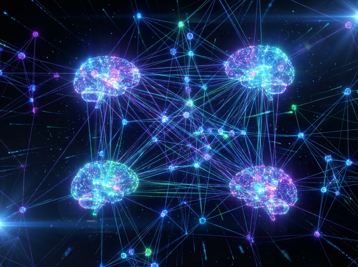 Detailed digital network structure with glowing nodes and connections representing AI intelligence and collaboration, high contrast dark background with neon light effects, 4:3 aspect ratio, no text