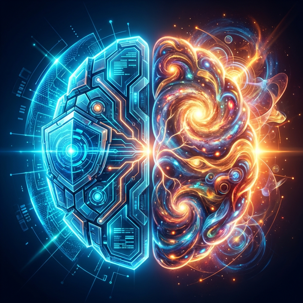 A conceptual illustration of a futuristic AI brain with glowing circuits, one side showing creative light and the other side showing a digital shield, high contrast blue and orange colors, modern digital art style, 1:1, no text