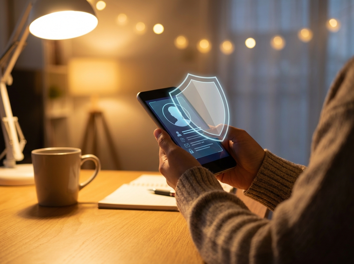 A professional digital safety concept showing a transparent shield protecting a person's digital profile on a smartphone screen, warm soft lighting, lifestyle photography style, 4:3, no text