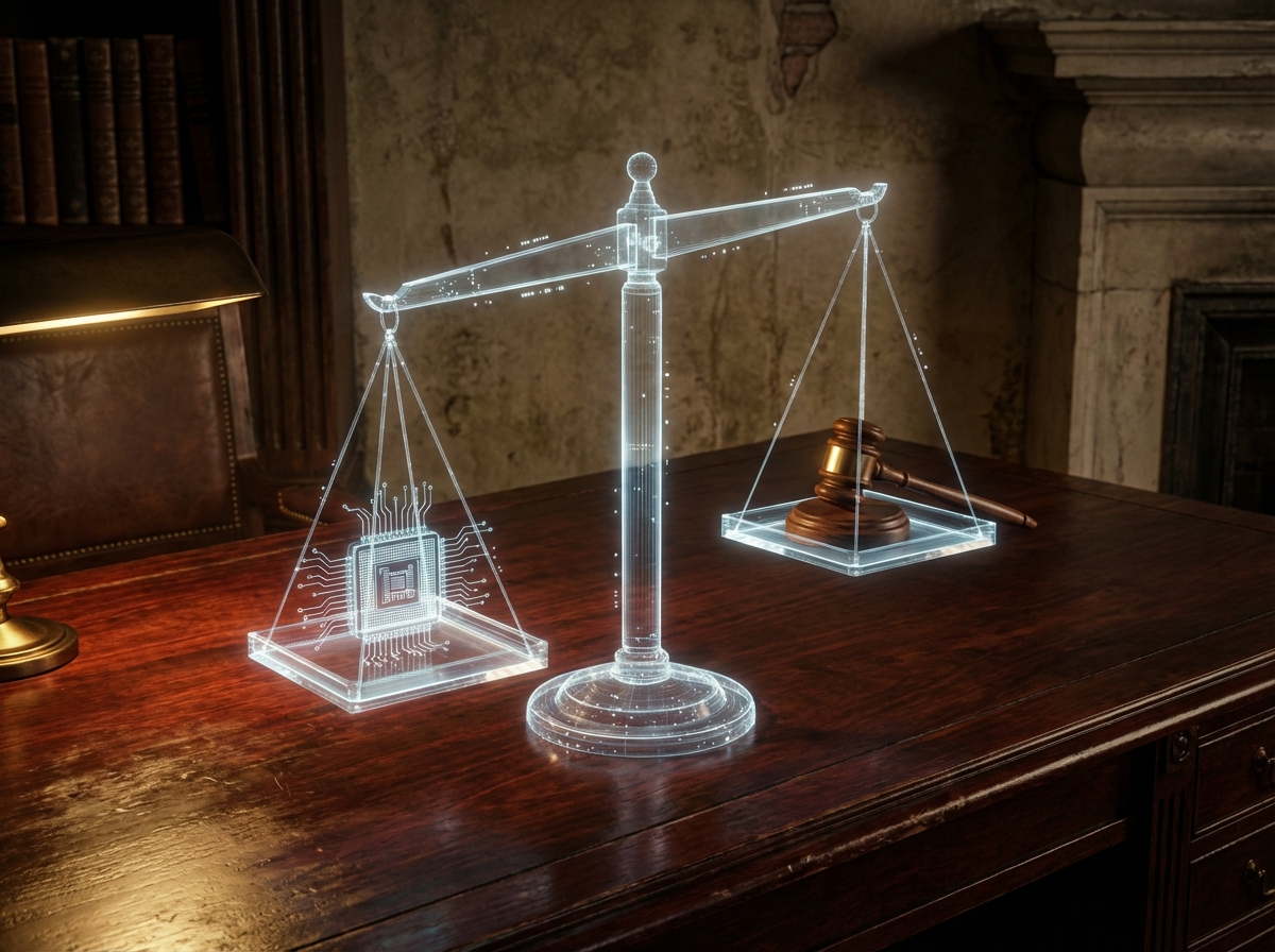 A symbolic representation of a digital balance scale on a mahogany desk, one side holding a microchip and the other a law gavel, dramatic lighting, textured background, 4:3, no text