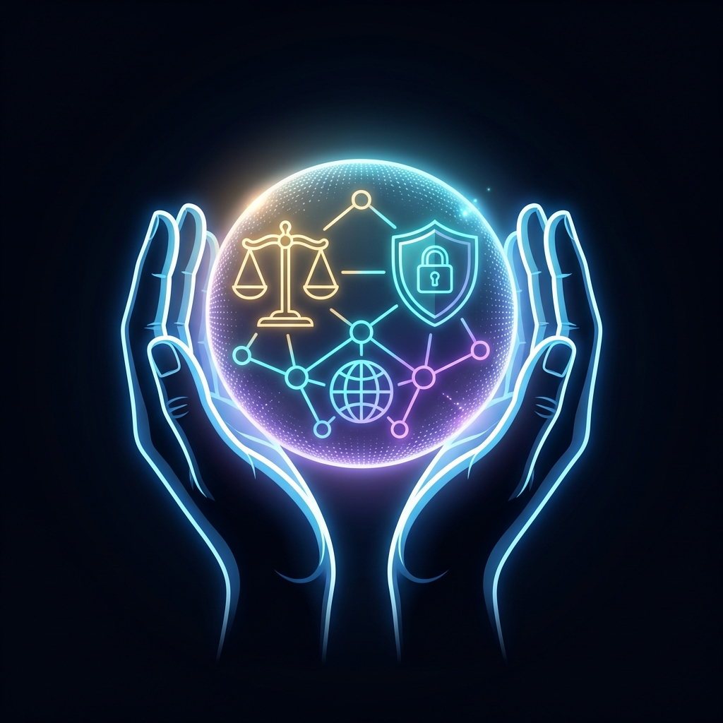 A clean infographic-style layout showing human hands holding a glowing digital sphere with diverse icons representing ethics, safety, and connectivity, high contrast, 1:1, no text