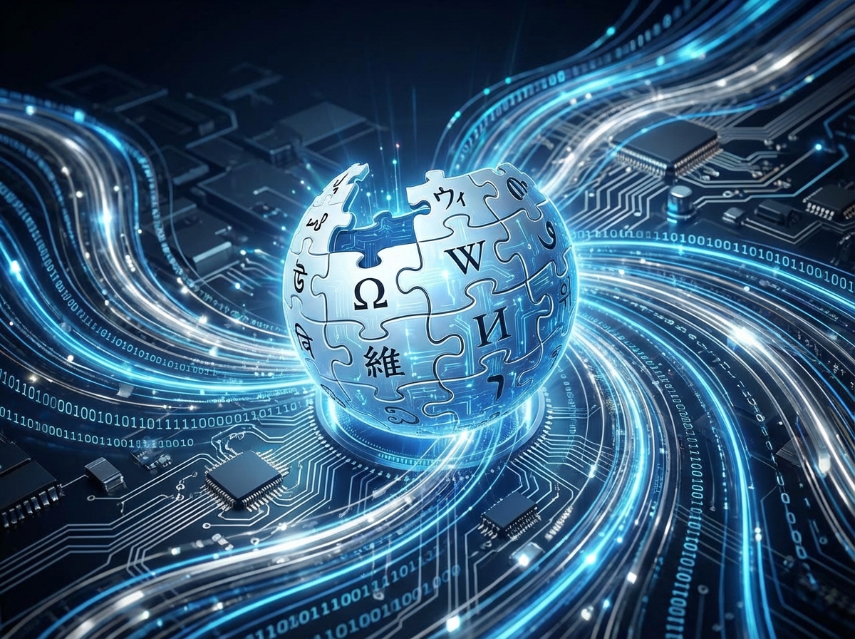 A glowing Wikipedia globe logo surrounded by flowing digital data streams and circuit patterns, high-tech aesthetic, vibrant blue and silver colors, 4:3, no text